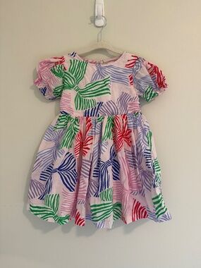 Mini Boden Girls Pink Bow Print Dress 3-4Y 4T Puff Sleeve Colorful Striped Bows